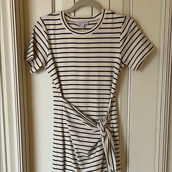 Evereve Cream and Navy Striped Tie-Side Midi Dress - Picture 1 of 2